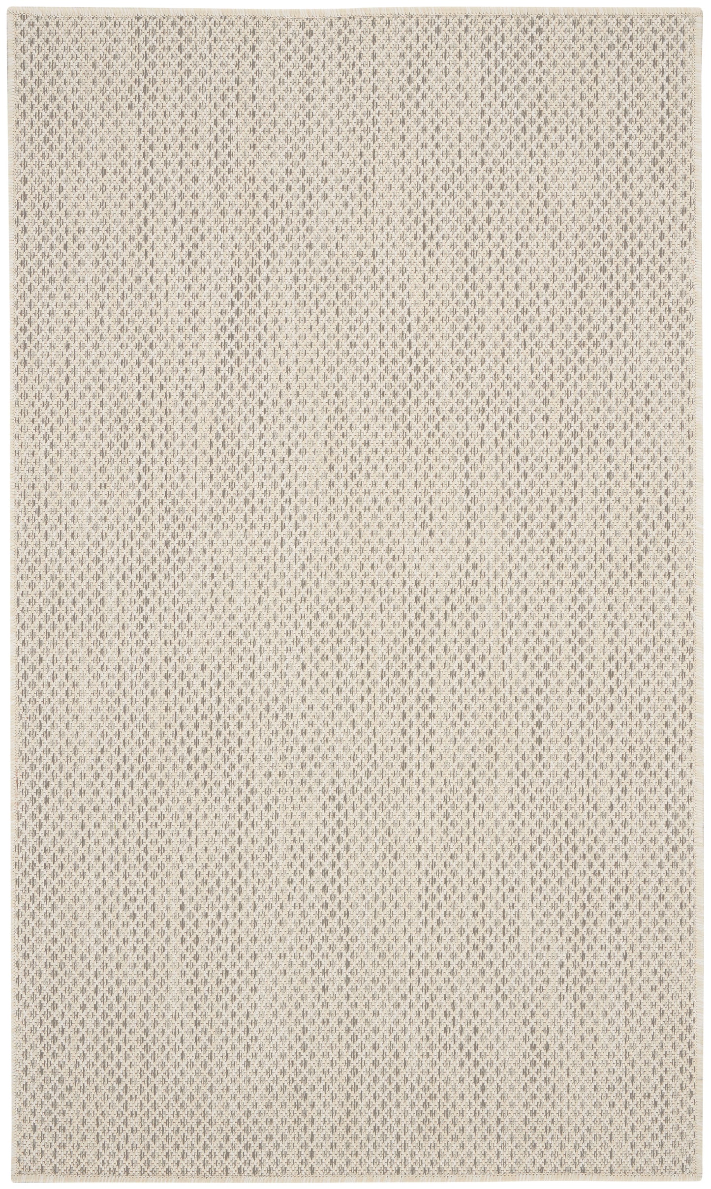 Beige woven rug with a subtle diamond pattern and textured surface; versatile neutral decor.