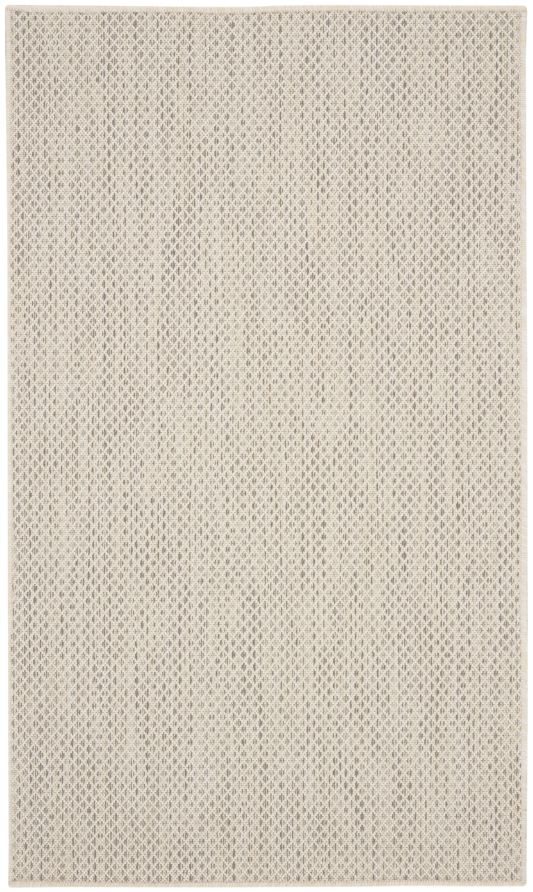 Beige woven rug with a subtle diamond pattern and textured surface; versatile neutral decor.