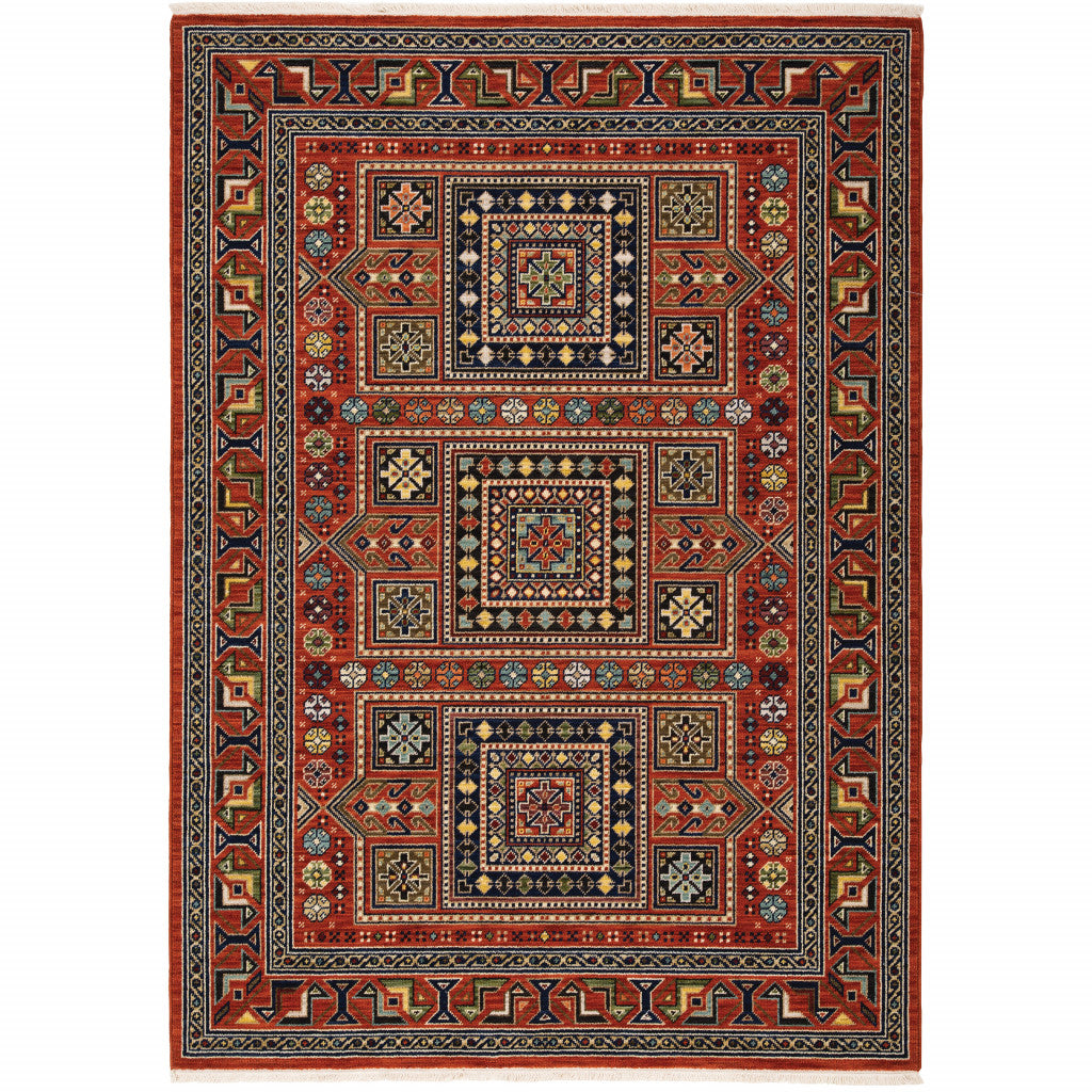 5' X 8' Red Blue Beige And Green Oriental Power Loom Stain Resistant Area Rug With Fringe