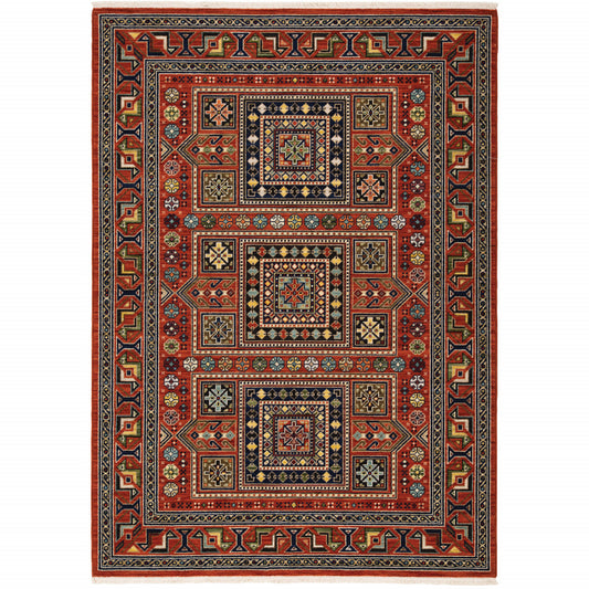 5' X 8' Red Blue Beige And Green Oriental Power Loom Stain Resistant Area Rug With Fringe