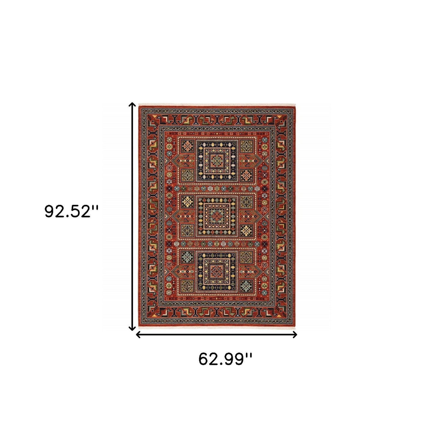 5' X 8' Red Blue Beige And Green Oriental Power Loom Stain Resistant Area Rug With Fringe