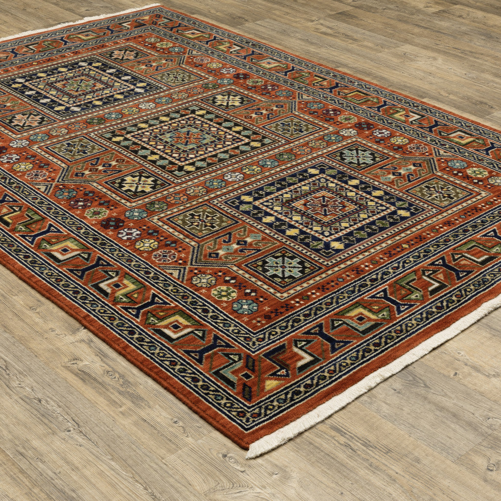 5' X 8' Red Blue Beige And Green Oriental Power Loom Stain Resistant Area Rug With Fringe