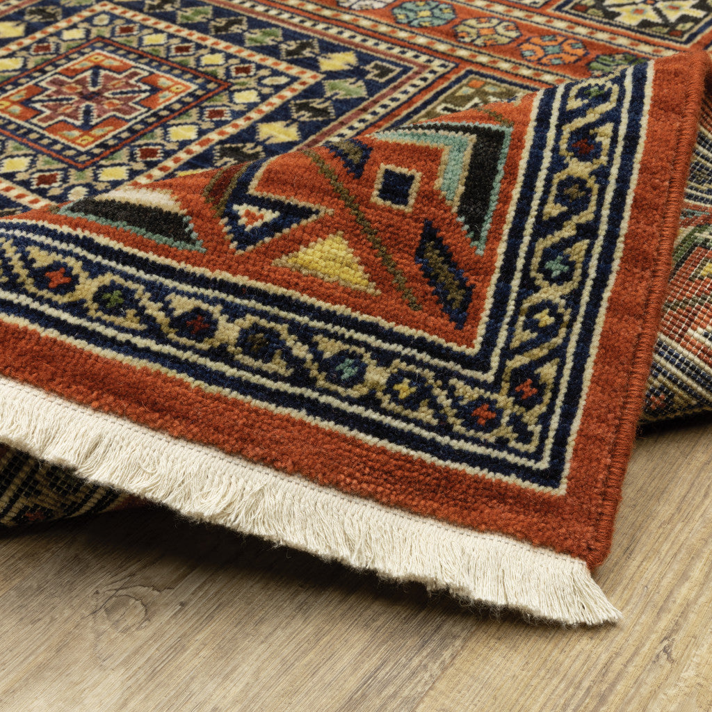 6' X 9' Blue And Red Oriental Power Loom Area Rug With Fringe