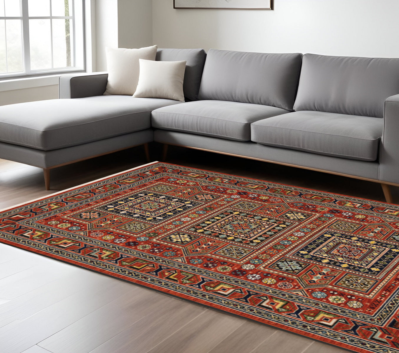 10' X 13' Blue and Red Oriental Power Loom Area Rug With Fringe