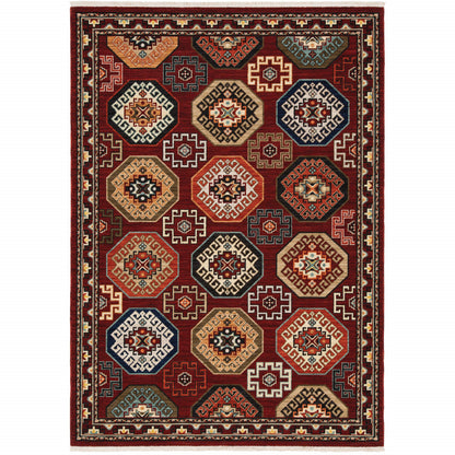 2' X 3' Red Blue Brown And Beige Oriental Power Loom Stain Resistant Area Rug With Fringe