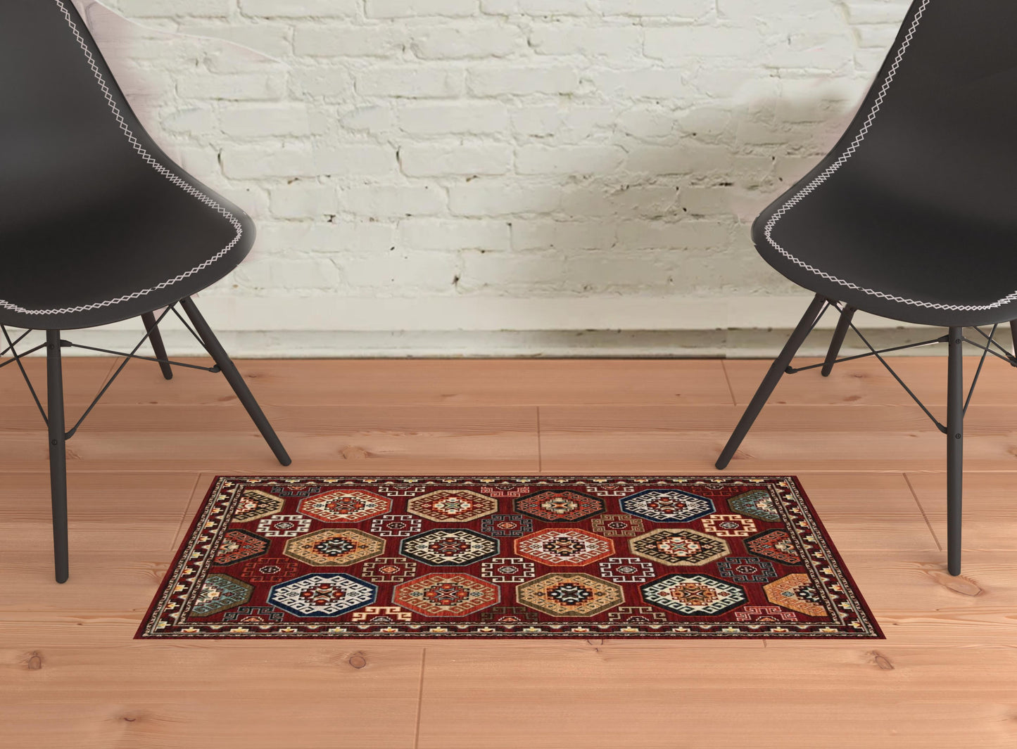 2' X 3' Red Blue Brown And Beige Oriental Power Loom Stain Resistant Area Rug With Fringe