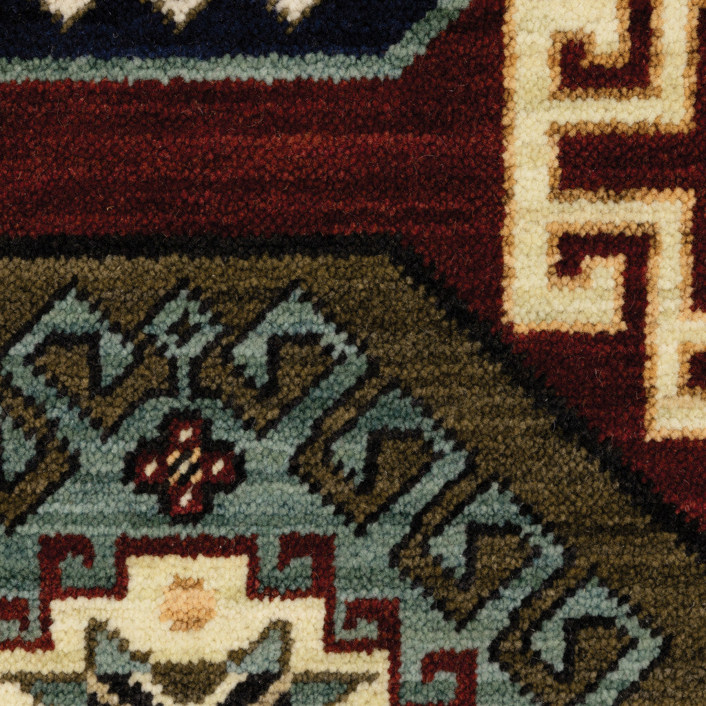 2' X 3' Red Blue Brown And Beige Oriental Power Loom Stain Resistant Area Rug With Fringe