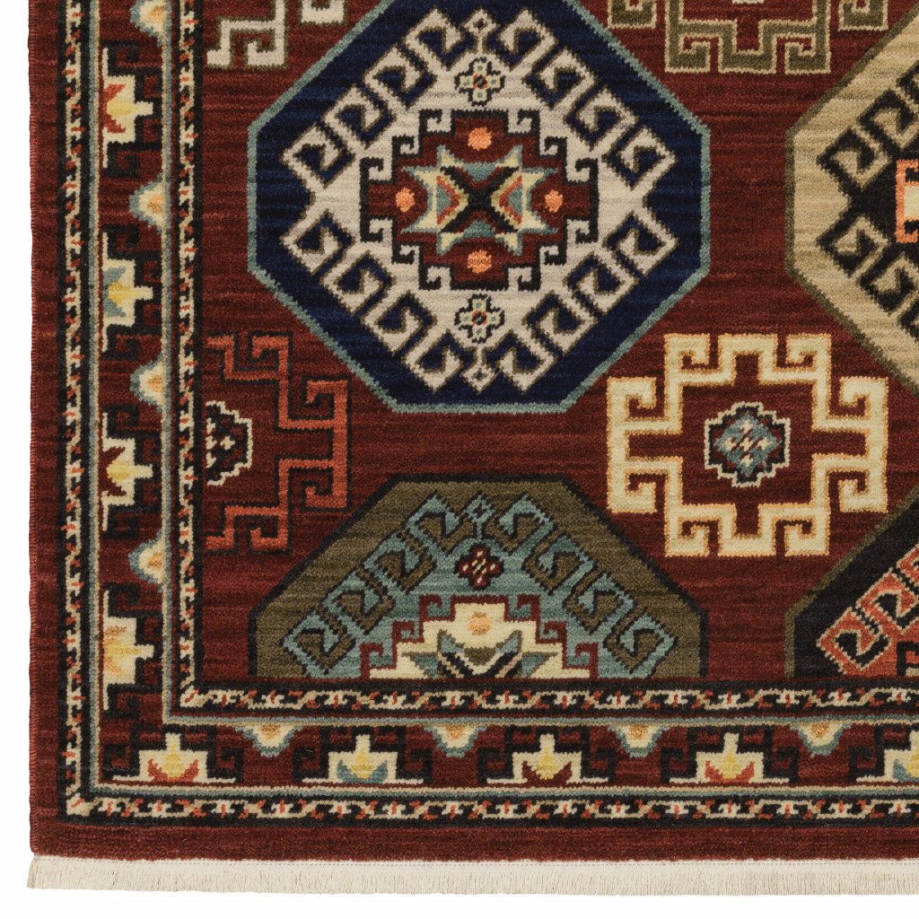 2' X 3' Red Blue Brown And Beige Oriental Power Loom Stain Resistant Area Rug With Fringe