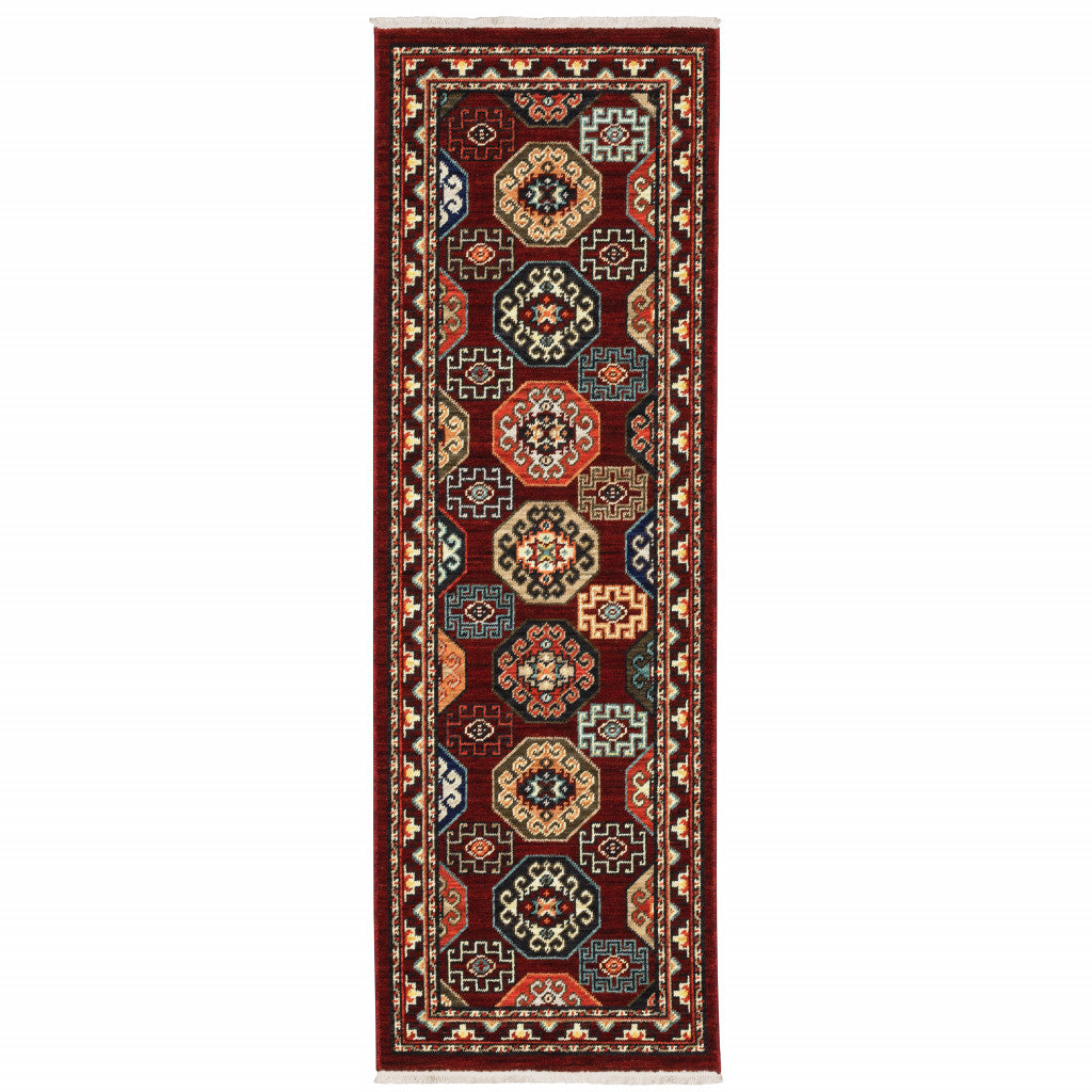 2' X 6' Red Blue Brown And Beige Oriental Power Loom Stain Resistant Runner Rug With Fringe