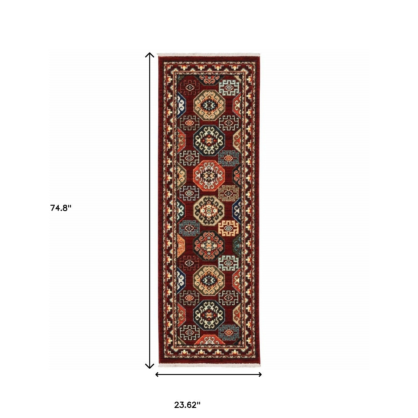 2' X 6' Red Blue Brown And Beige Oriental Power Loom Stain Resistant Runner Rug With Fringe