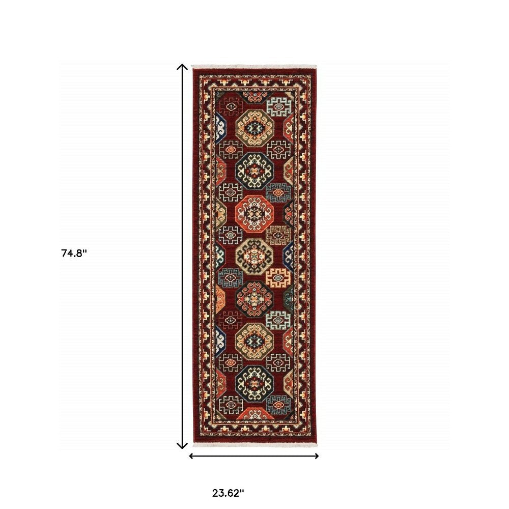 2' X 6' Red Blue Brown And Beige Oriental Power Loom Stain Resistant Runner Rug With Fringe