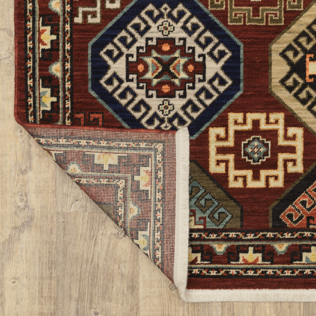 2' X 6' Red Blue Brown And Beige Oriental Power Loom Stain Resistant Runner Rug With Fringe