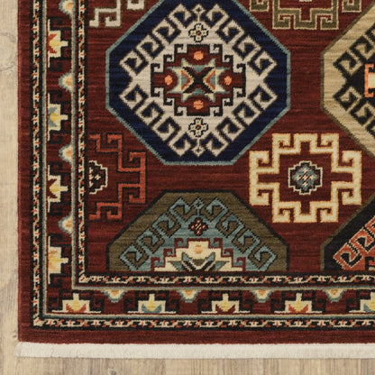 2' X 6' Red Blue Brown And Beige Oriental Power Loom Stain Resistant Runner Rug With Fringe