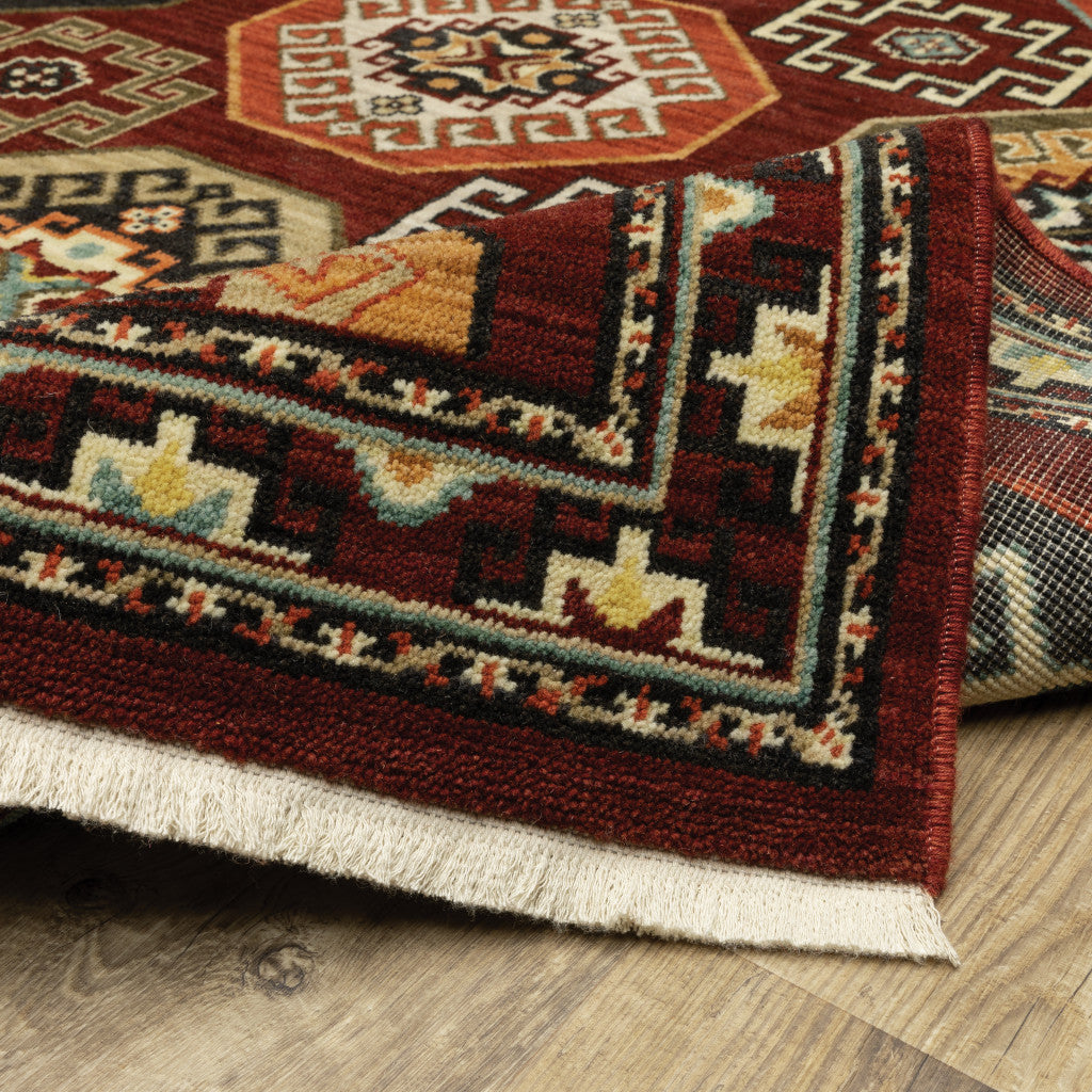 2' X 6' Red Blue Brown And Beige Oriental Power Loom Stain Resistant Runner Rug With Fringe