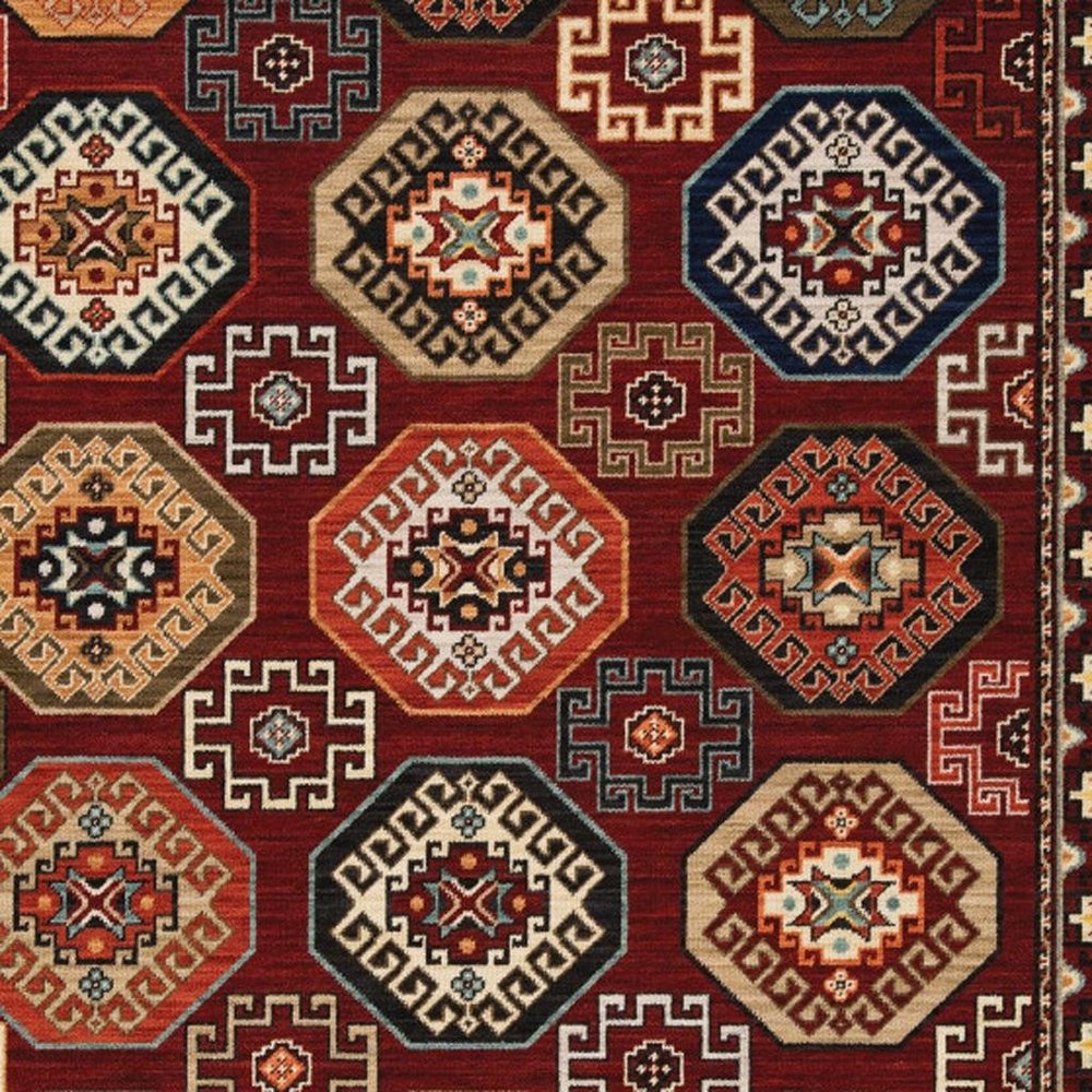 3' X 5' Red Blue Brown And Beige Oriental Power Loom Stain Resistant Area Rug With Fringe