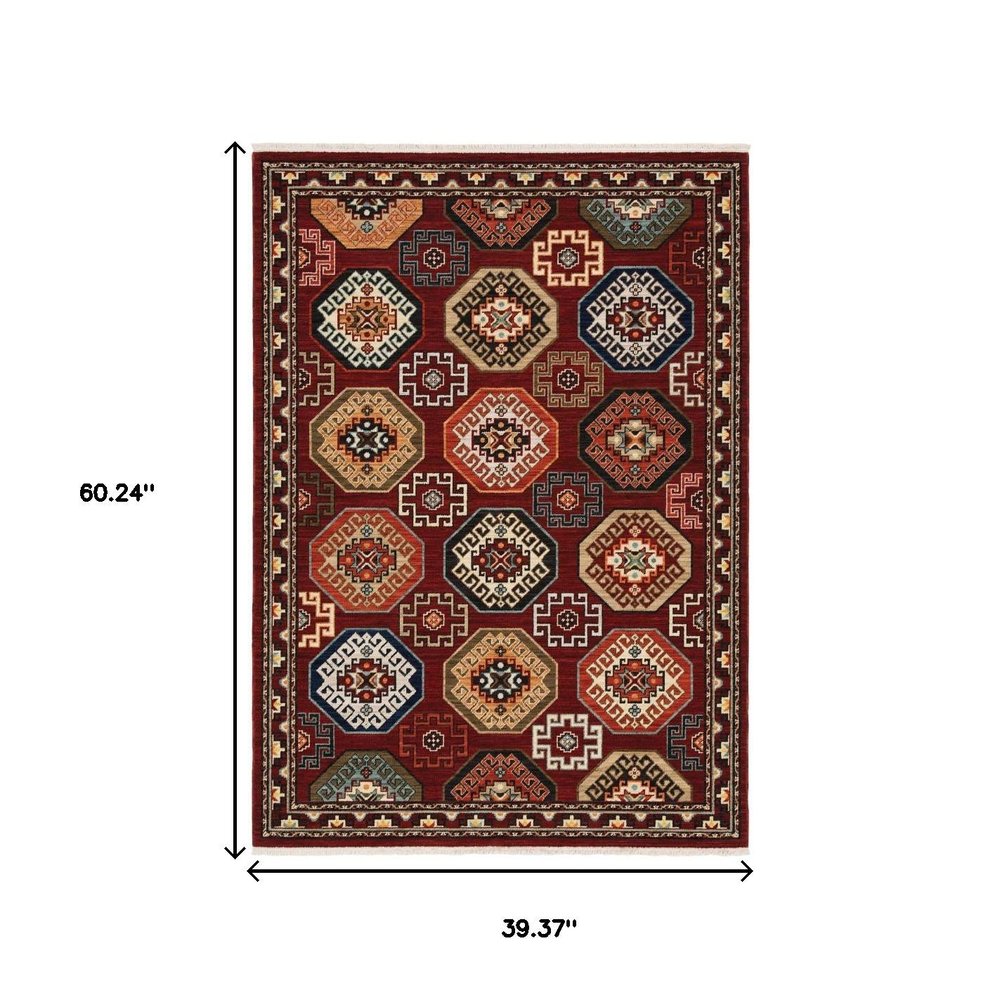 3' X 5' Red Blue Brown And Beige Oriental Power Loom Stain Resistant Area Rug With Fringe