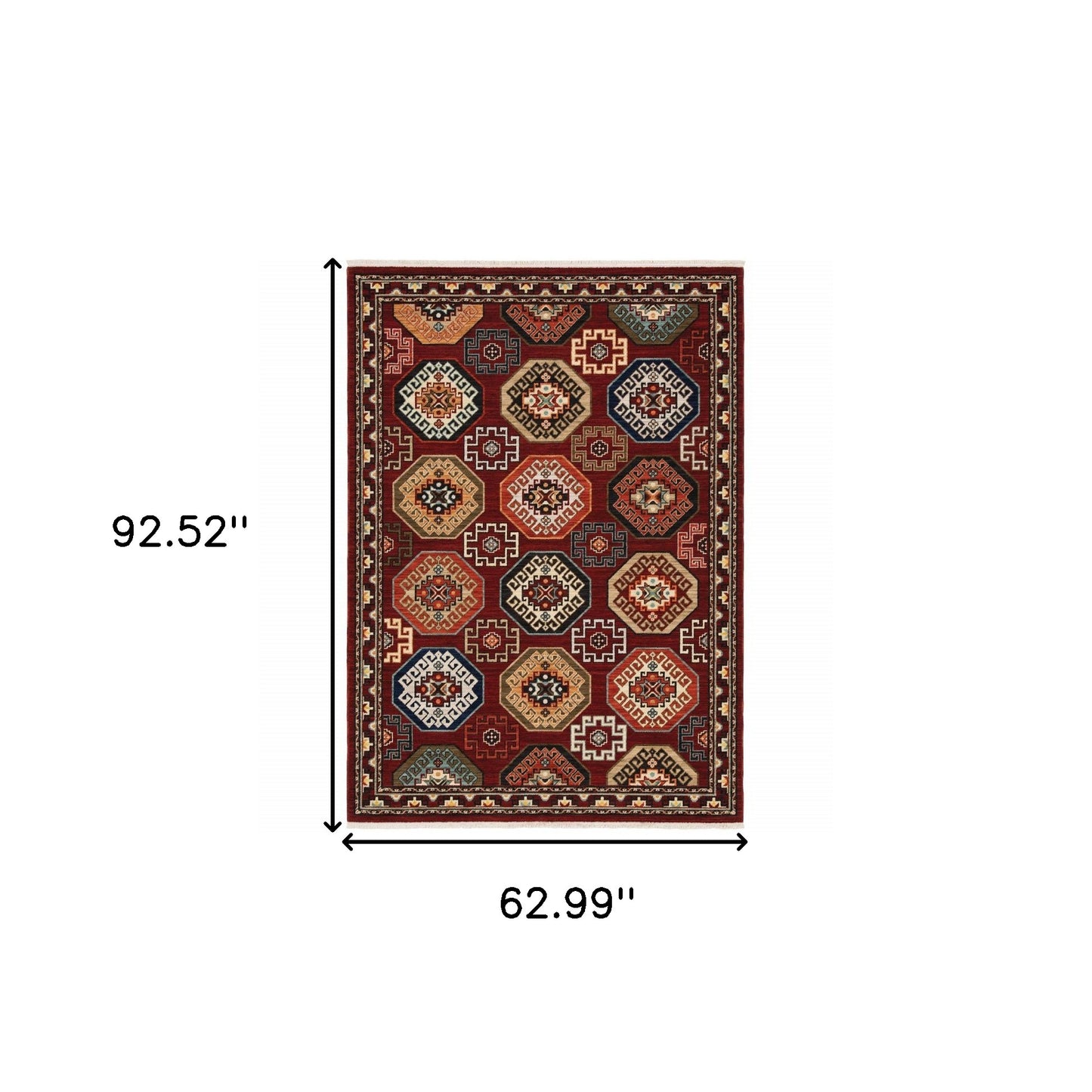 5' X 8' Blue and Red Oriental Power Loom Area Rug With Fringe