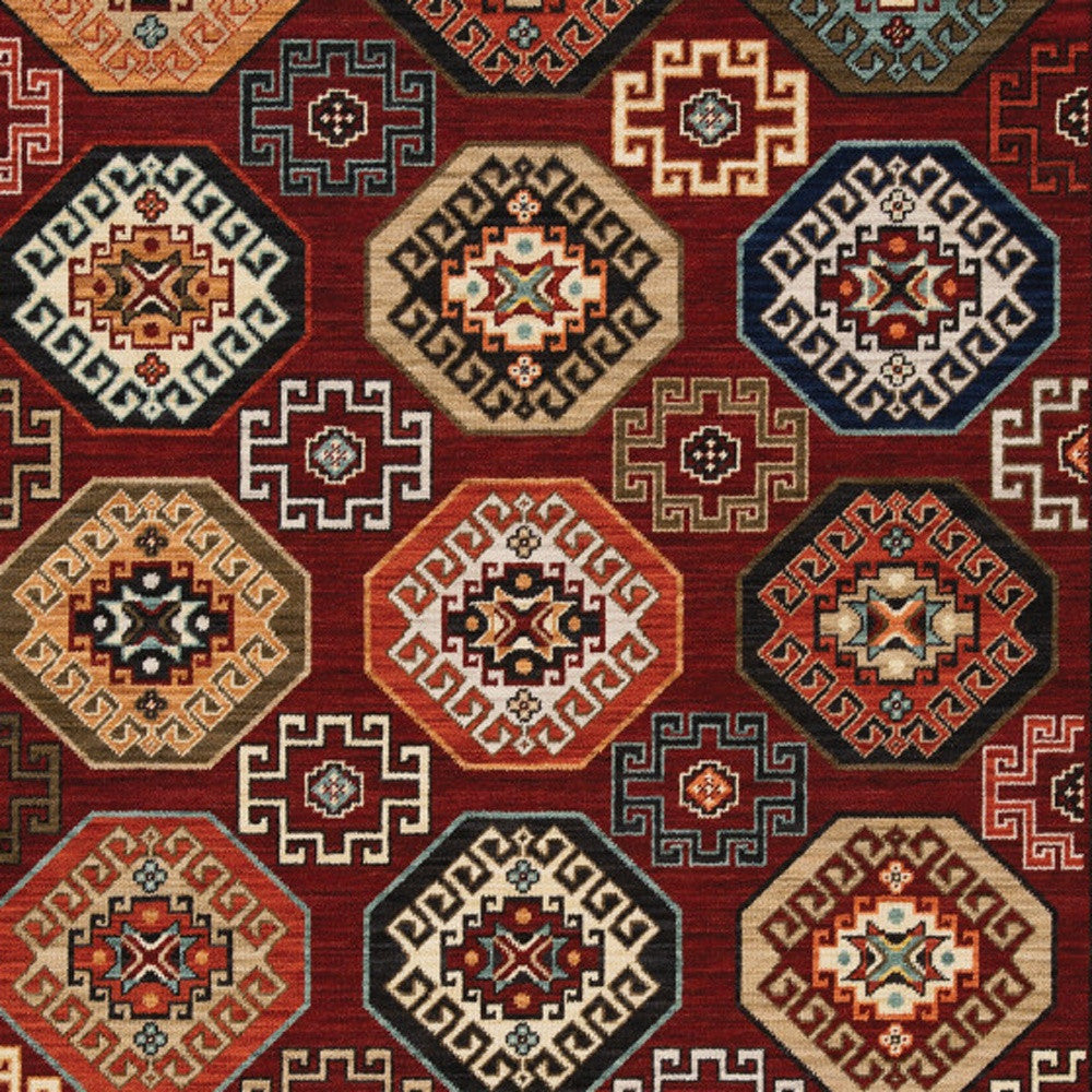 5' X 8' Blue and Red Oriental Power Loom Area Rug With Fringe