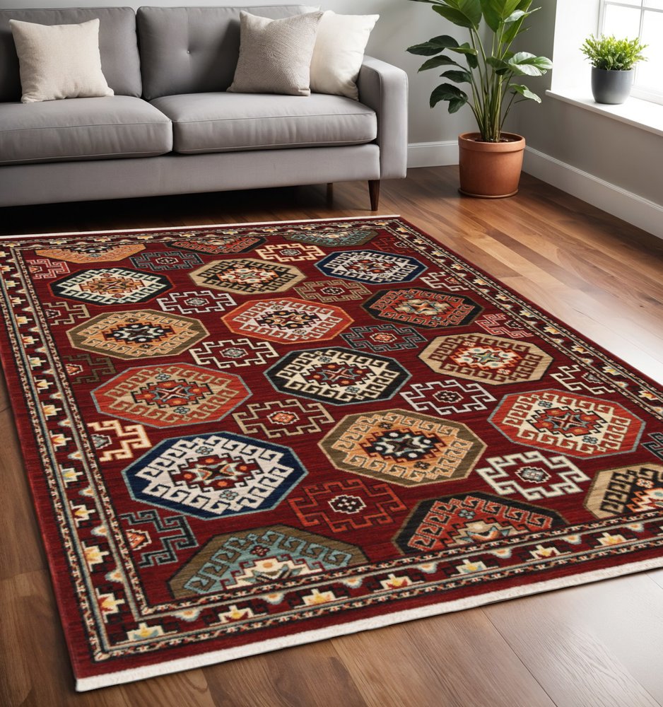 5' X 8' Red Blue And Black Oriental Area Rug With Fringe