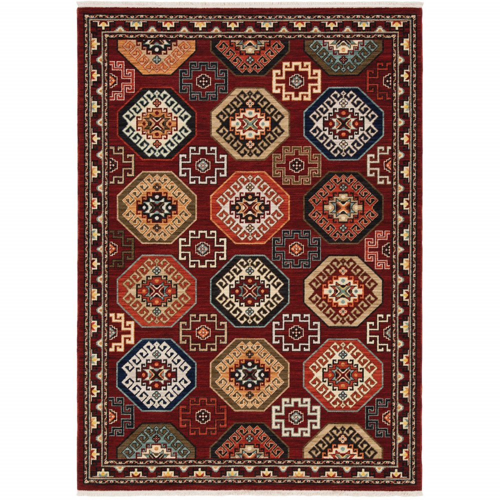 5' X 8' Red Blue And Black Oriental Area Rug With Fringe