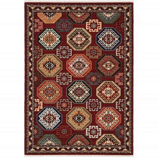 5' X 8' Red Blue And Black Oriental Area Rug With Fringe