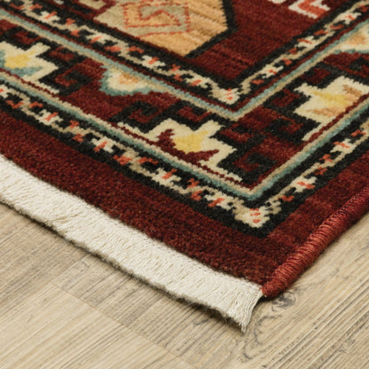 5' X 8' Red Blue And Black Oriental Area Rug With Fringe