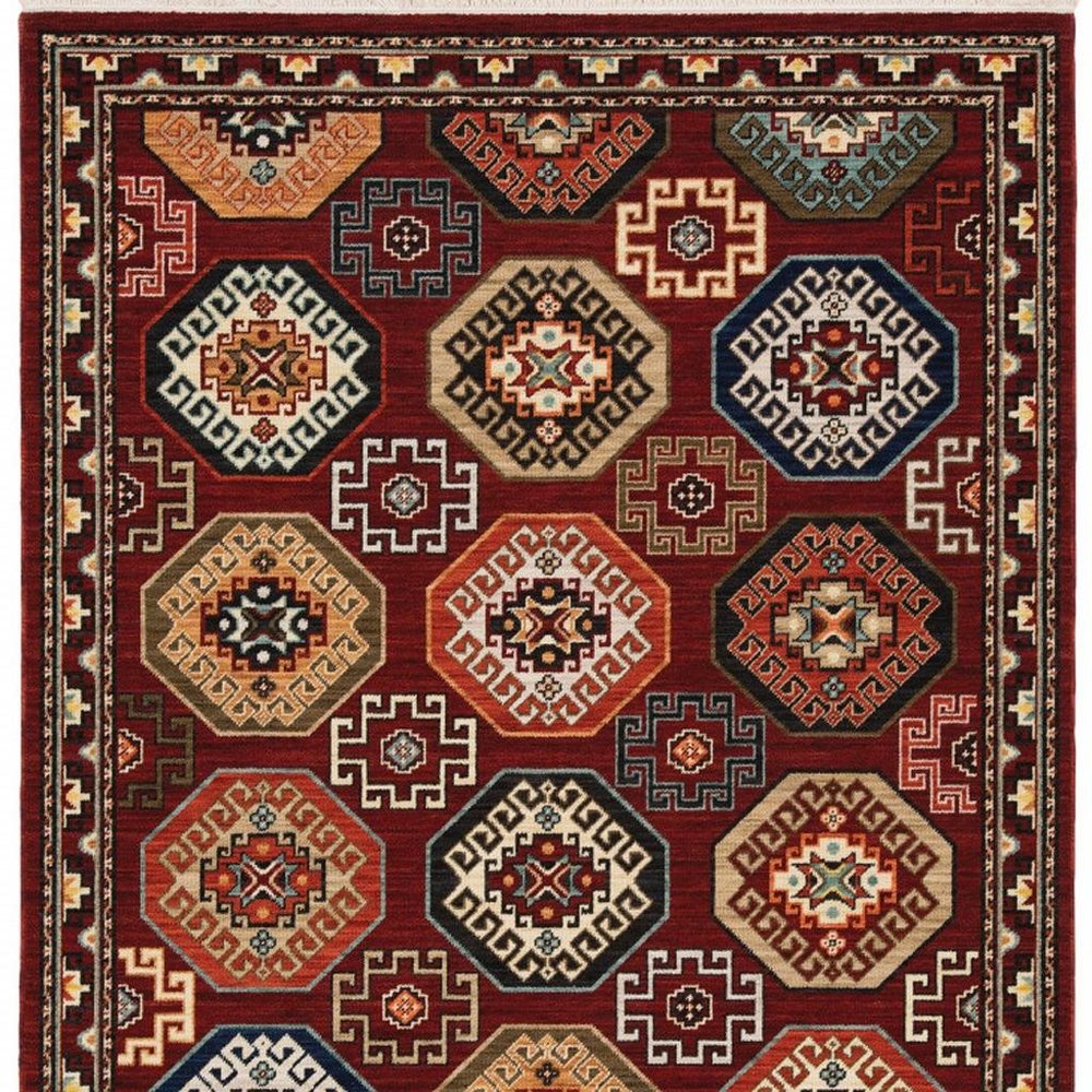 6' X 9' Red Blue Brown And Beige Oriental Power Loom Stain Resistant Area Rug With Fringe