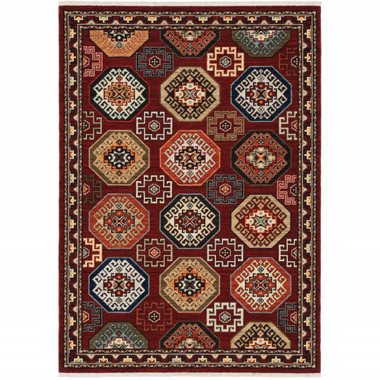 8' X 11' Red Blue Brown And Beige Oriental Power Loom Stain Resistant Area Rug With Fringe