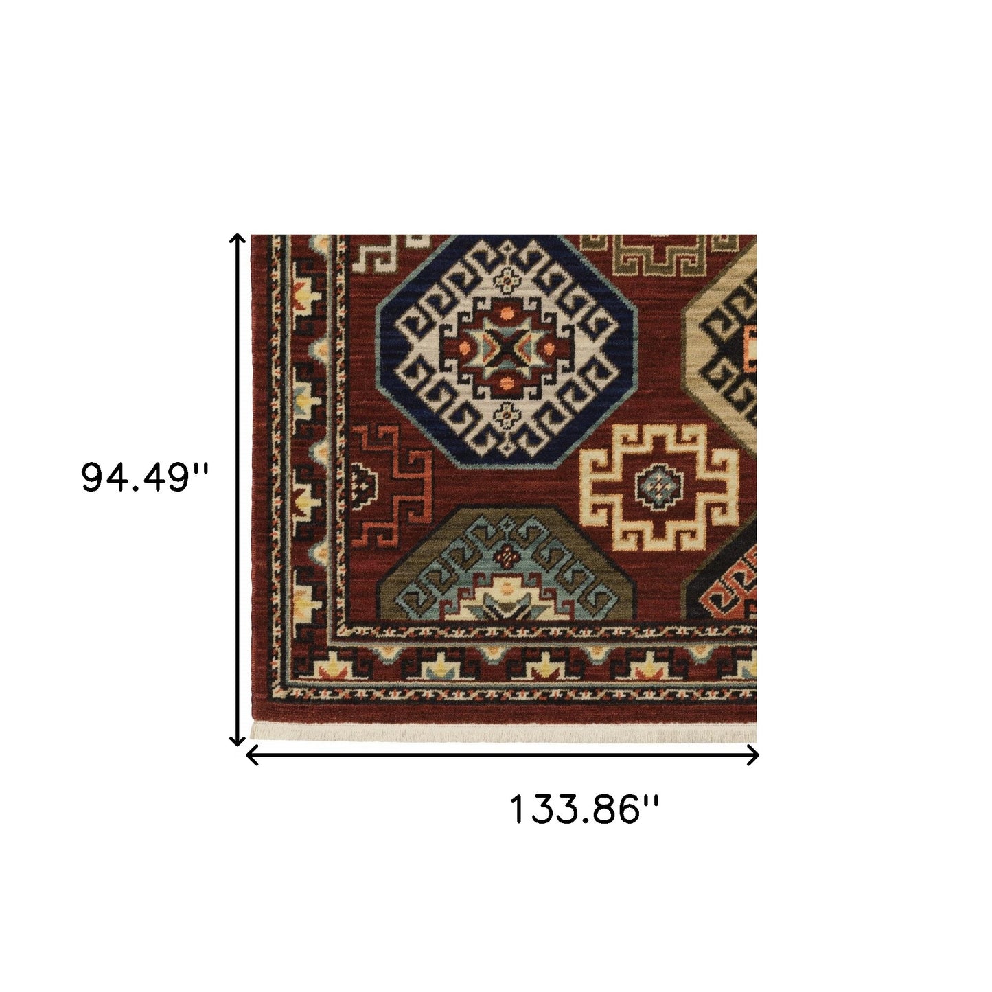 8' X 11' Red Blue Brown And Beige Oriental Power Loom Stain Resistant Area Rug With Fringe