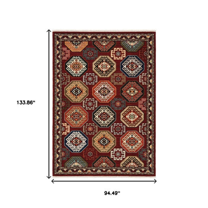 8' X 11' Red Blue Brown And Beige Oriental Power Loom Stain Resistant Area Rug With Fringe