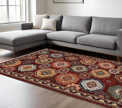 8' X 11' Red Blue Brown And Beige Oriental Power Loom Stain Resistant Area Rug With Fringe
