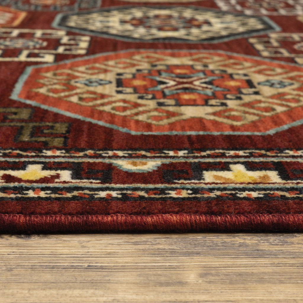 8' X 11' Red Blue Brown And Beige Oriental Power Loom Stain Resistant Area Rug With Fringe