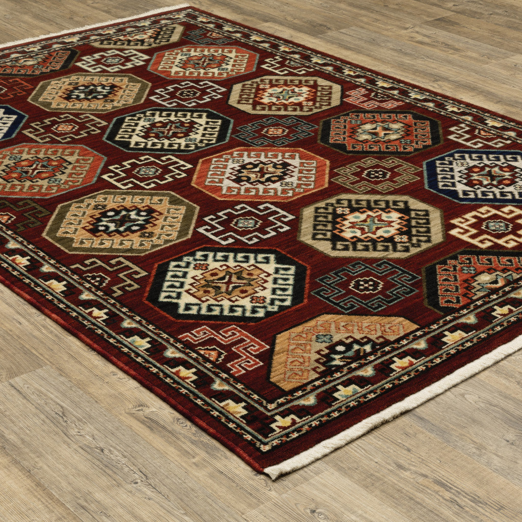 8' X 11' Red Blue Brown And Beige Oriental Power Loom Stain Resistant Area Rug With Fringe