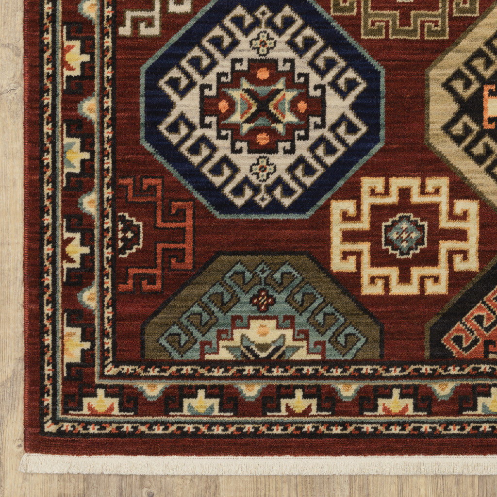 10' X 13' Red Blue Brown And Beige Oriental Power Loom Stain Resistant Area Rug With Fringe