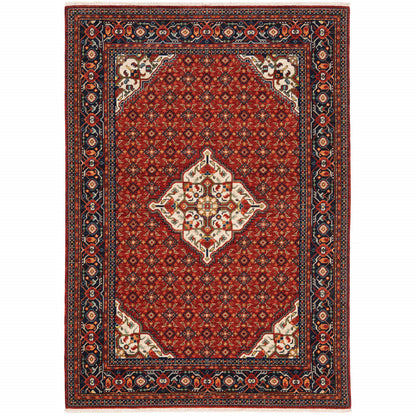 2' X 3' Red Blue Ivory And Orange Oriental Power Loom Stain Resistant Area Rug With Fringe