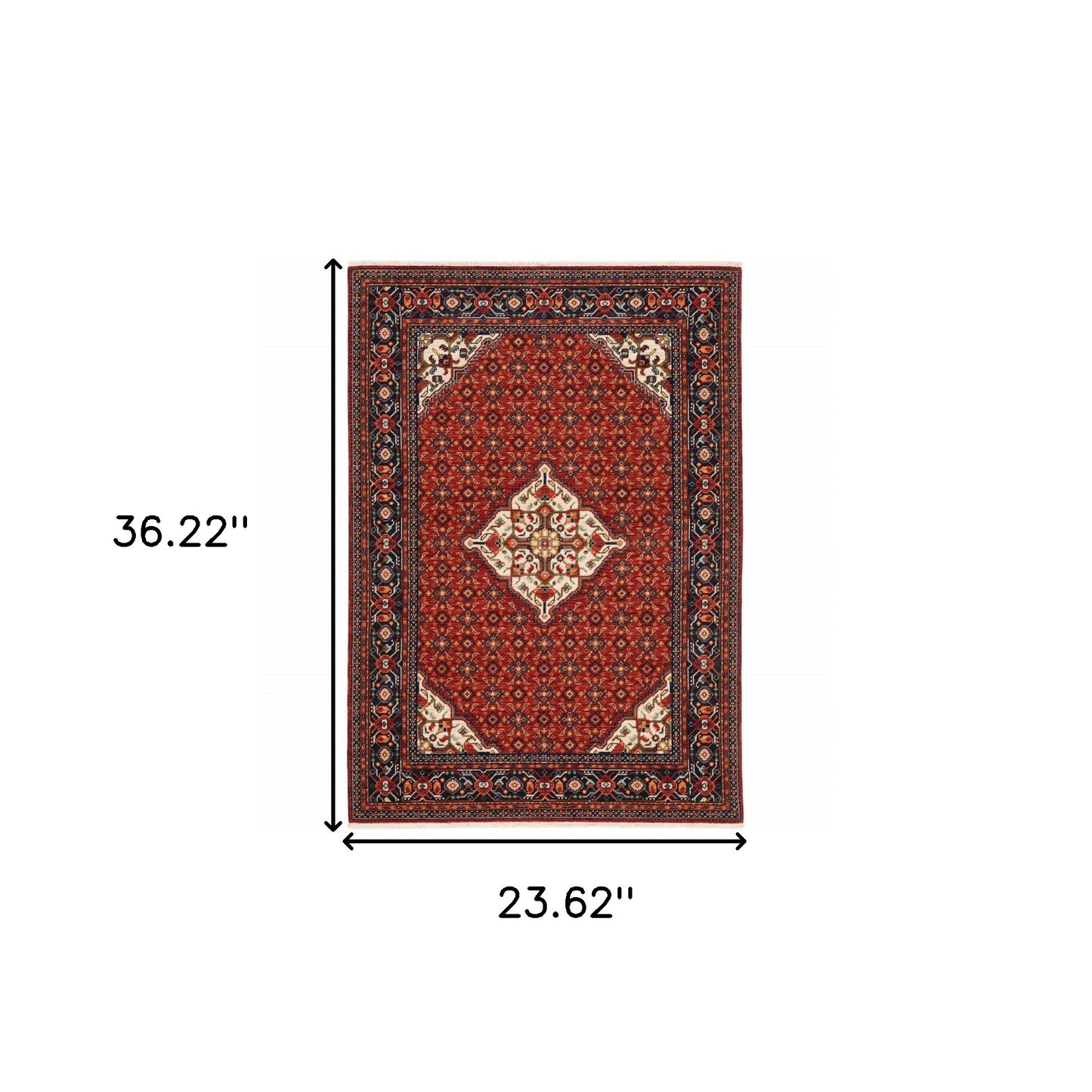 2' X 3' Red Blue Ivory And Orange Oriental Power Loom Stain Resistant Area Rug With Fringe