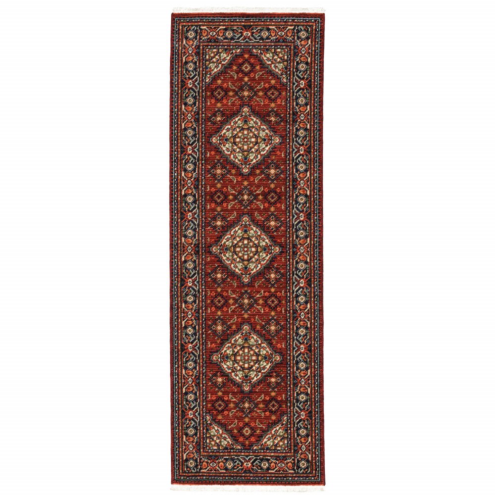 2' X 6' Red Blue Ivory And Orange Oriental Power Loom Stain Resistant Runner Rug With Fringe