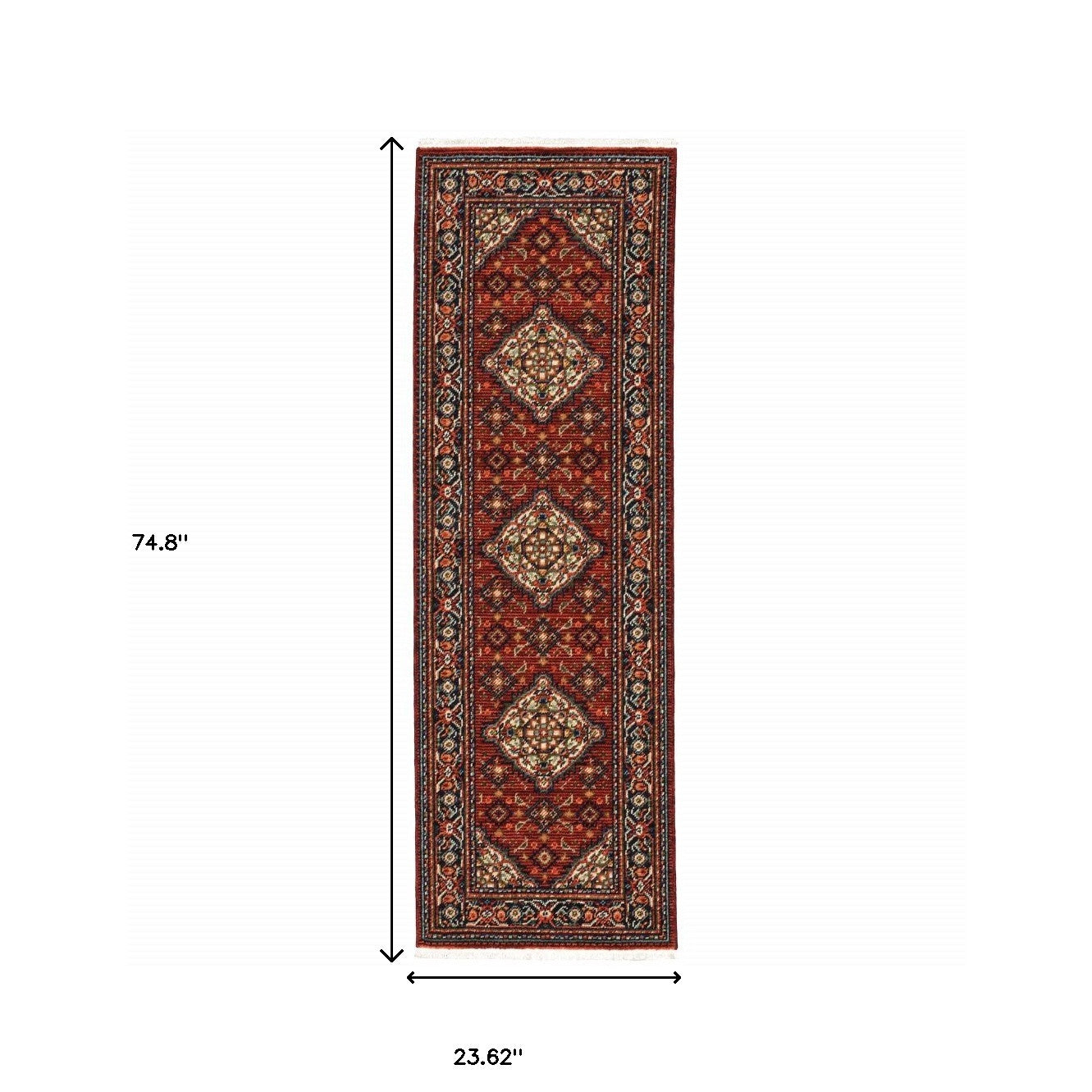 2' X 6' Red Blue Ivory And Orange Oriental Power Loom Stain Resistant Runner Rug With Fringe