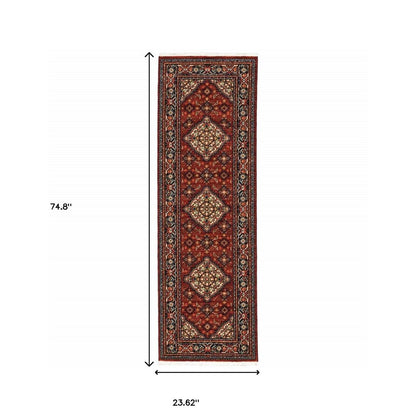 2' X 6' Red Blue Ivory And Orange Oriental Power Loom Stain Resistant Runner Rug With Fringe