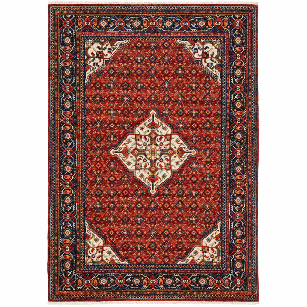 3' X 5' Red Blue Ivory And Orange Oriental Power Loom Stain Resistant Area Rug With Fringe