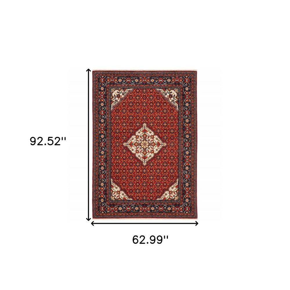 5' X 8' Red Blue And Black Oriental Area Rug With Fringe