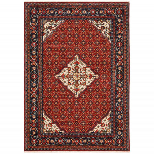 5' X 8' Red Blue And Black Oriental Area Rug With Fringe