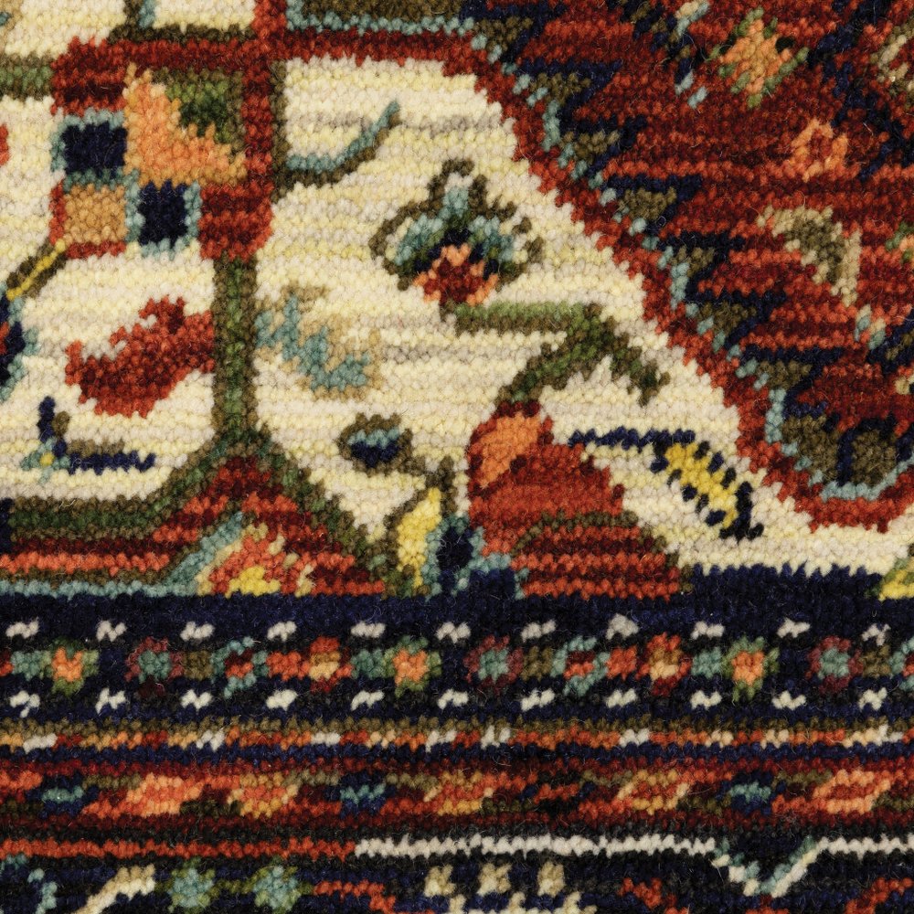 5' X 8' Red Blue And Black Oriental Area Rug With Fringe
