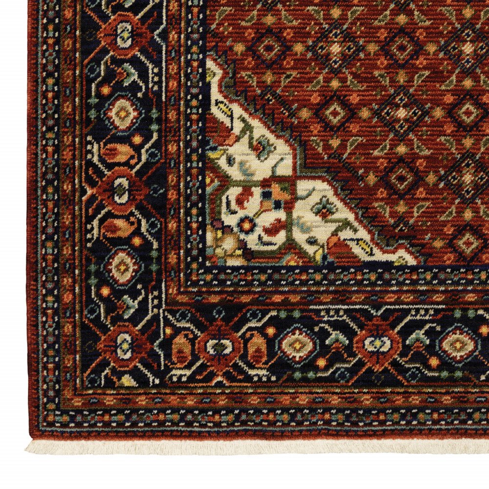 5' X 8' Red Blue And Black Oriental Area Rug With Fringe