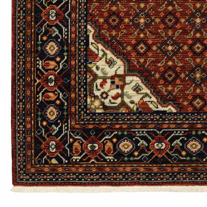 5' X 8' Red Blue And Black Oriental Area Rug With Fringe