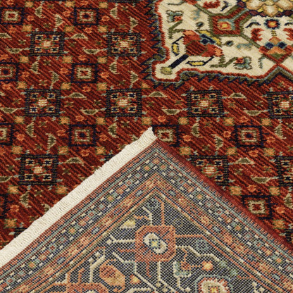 5' X 8' Red Blue And Black Oriental Area Rug With Fringe