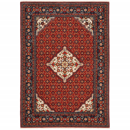 6' X 9' Red Blue Ivory And Orange Oriental Power Loom Stain Resistant Area Rug With Fringe