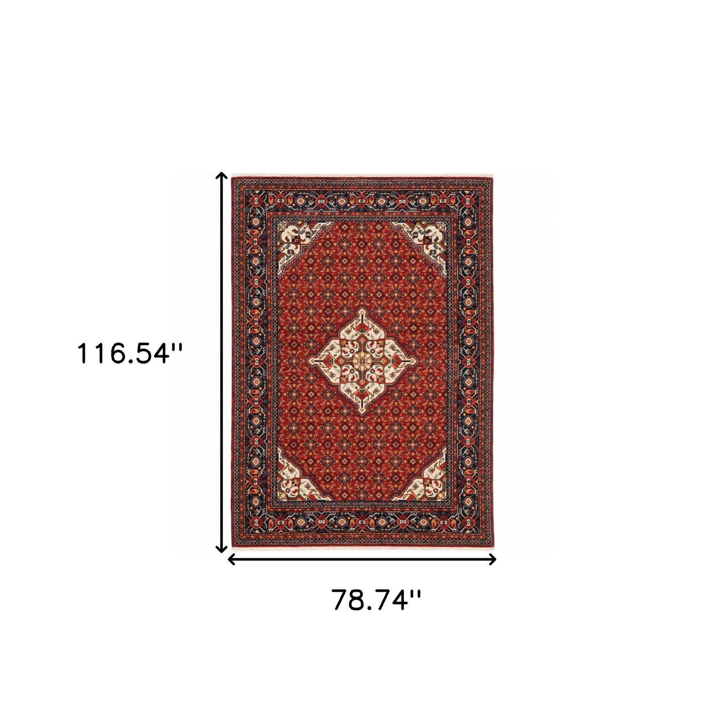 6' X 9' Red Blue Ivory And Orange Oriental Power Loom Stain Resistant Area Rug With Fringe