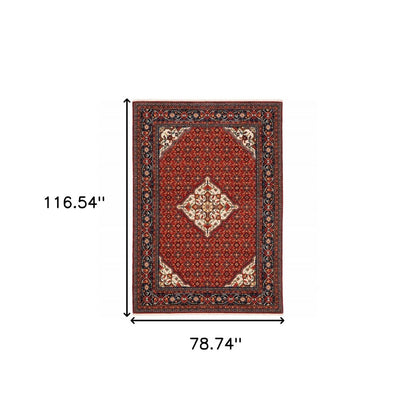 6' X 9' Red Blue Ivory And Orange Oriental Power Loom Stain Resistant Area Rug With Fringe