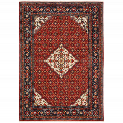 6' X 9' Red Blue Ivory And Orange Oriental Power Loom Stain Resistant Area Rug With Fringe